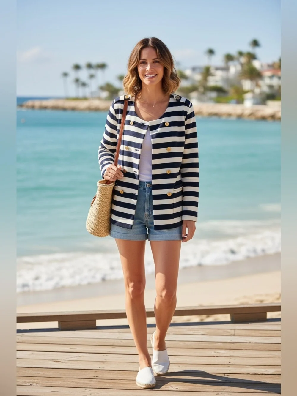 J.Crew Navy White Stripe Gold Button Cardigan Sweater XL